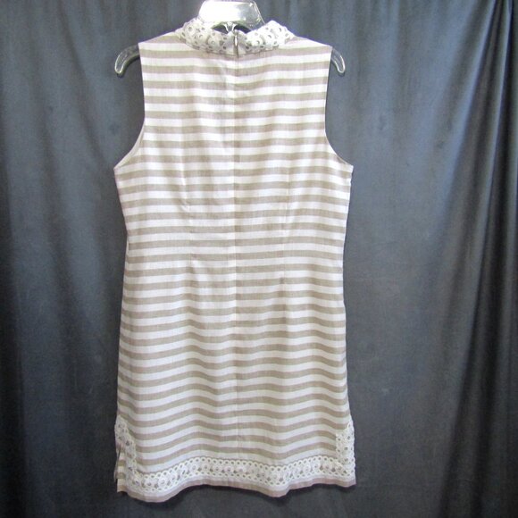 Eliza J Linen Cotton Mini Dress Size 12 Beige White Stripe Eyelet Coastal Resort - Picture 8 of 14